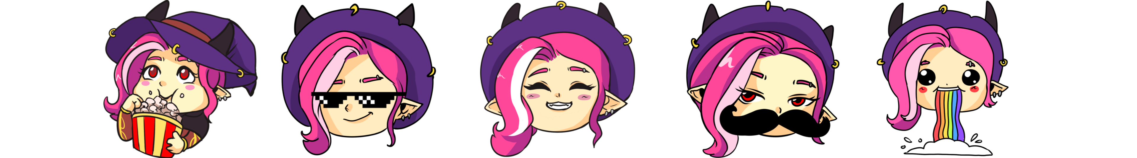 5 emojis of a pink haired female mascot for CrashGem TTRPGs